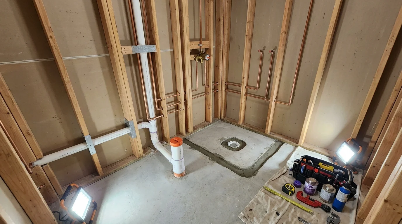 Bathroom rough-in plumbing during remodel by Johns Plumbing LLC in Vardaman