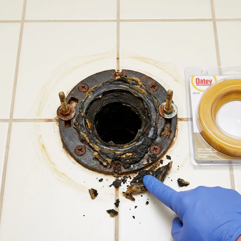 Failed wax ring showing water seepage at the base of a toilet in a Vardaman, MS home