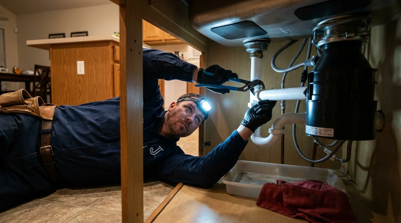 P-trap and supply line connections under a kitchen sink showing a common leak point in Vardaman, MS